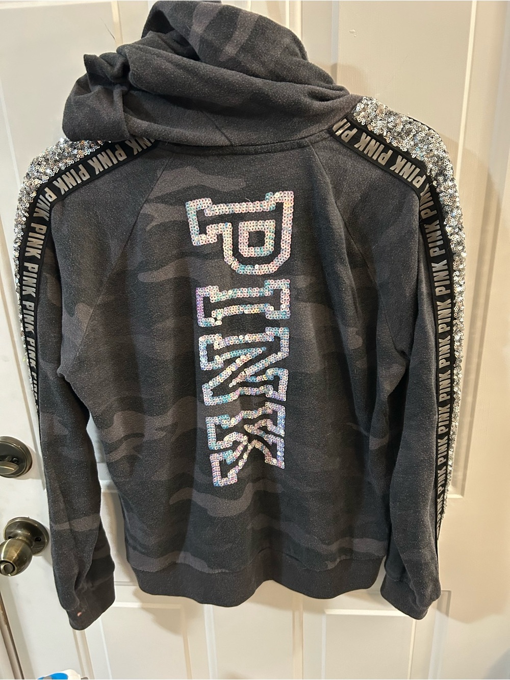 PINK Victoria's Secret Black Camo Sequin Logo Hoodie with Rhinestone Shoulders